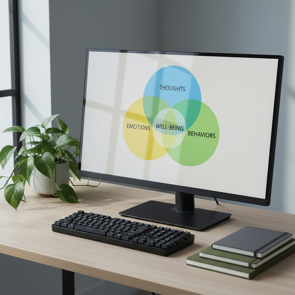A close-up of a sleek, modern workstation with a high-resolution monitor displaying a clean, colorful diagram of overlapping circles labeled with concepts like “thoughts,” “emotions,” and “behaviors.” A matte-black keyboard and a neatly stacked pair of notebooks with subtle textured covers sit in the foreground. A small potted plant with lush green leaves introduces organic contrast against the technological elements. Cool, indirect daylight from the side creates soft reflections on the monitor and gentle shadow gradients across the desk. Photographic realism, shot from a three-quarter angle with sharp focus throughout, giving a clear, professional, and organized feel. The mood is focused, analytical yet warm, representing the integration of clinical psychology with everyday work and life.