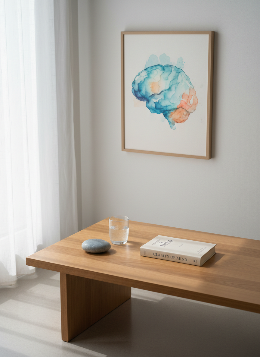A minimalist living room corner featuring a low, light-wood coffee table with a single, neatly closed hardcover book titled “Clarity of Mind” in understated typography. Next to it rests a smooth river stone and a small glass of water, beads of condensation forming on the surface. Behind the table, an abstract watercolor artwork of a human brain in cool blues and soft warm tones hangs on a white wall. Diffused afternoon light filters through sheer curtains, casting delicate, soft-edged shadows. Photographic realism, captured from a slightly elevated angle with balanced composition using the rule of thirds. The atmosphere is serene, tidy, and reflective, conveying mental balance and thoughtful introspection without clutter or distraction.