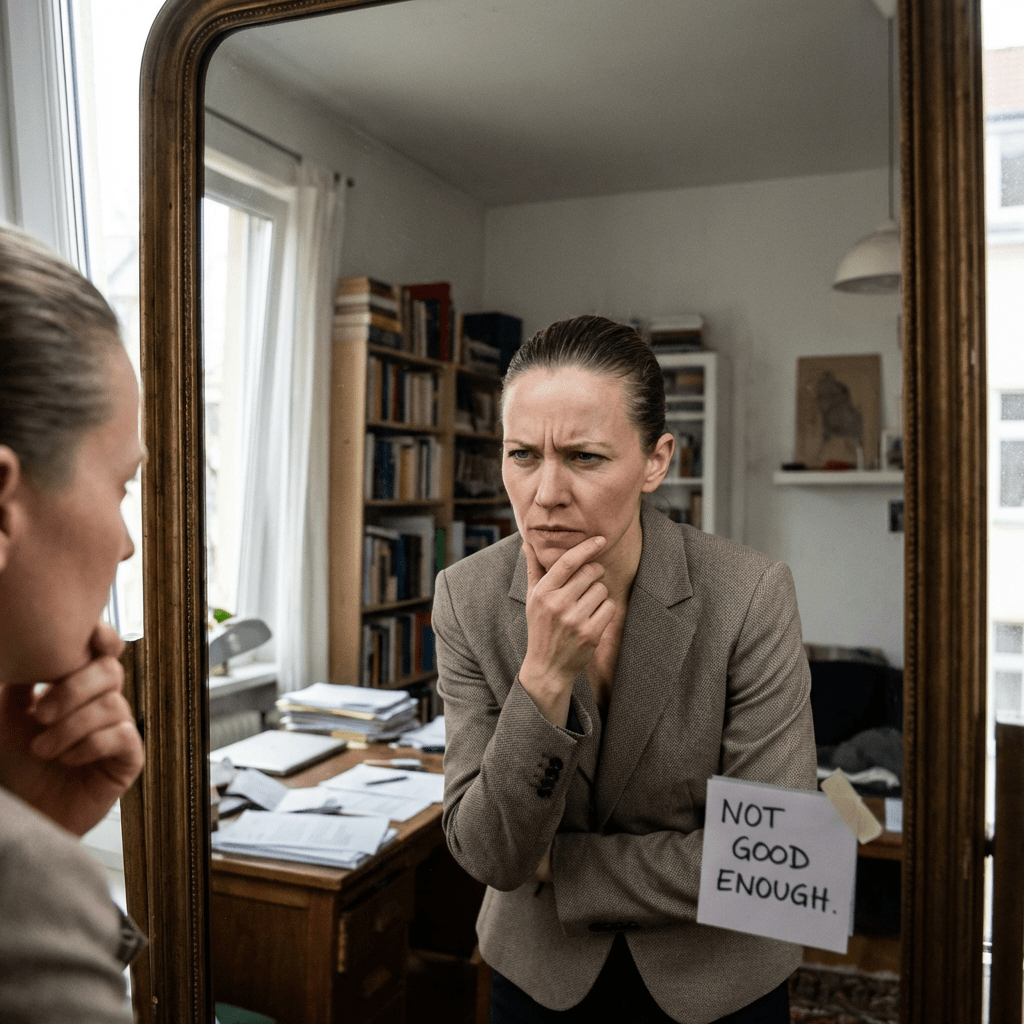 Woman looking critically into a mirror with a note saying "NOT GOOD ENOUGH." attached.